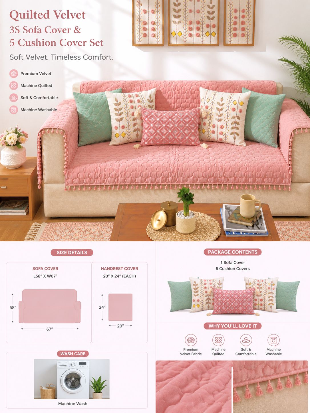 Pink Quilted Velvet Sofa Cover Set | 3 Seater Sofa Cover with Designer Cushion Covers