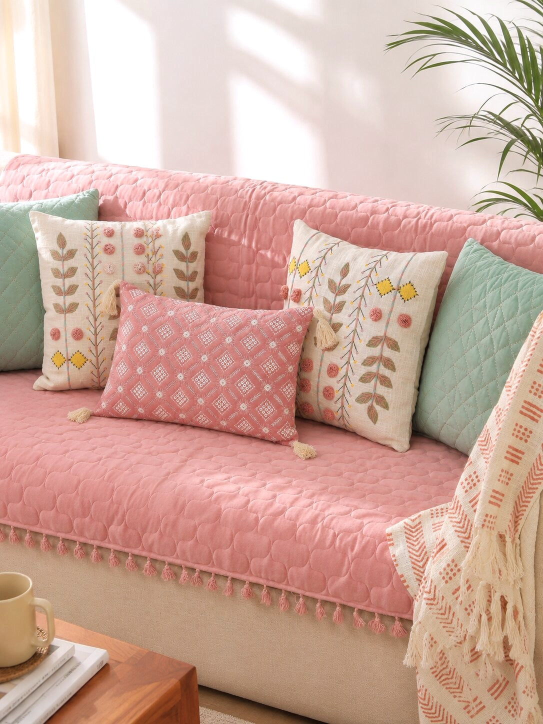 Pink Quilted Velvet Sofa Cover Set | 3 Seater Sofa Cover with Designer Cushion Covers