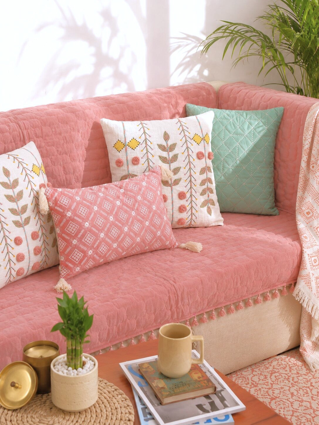 Pink Quilted Velvet Sofa Cover Set | 3 Seater Sofa Cover with Designer Cushion Covers