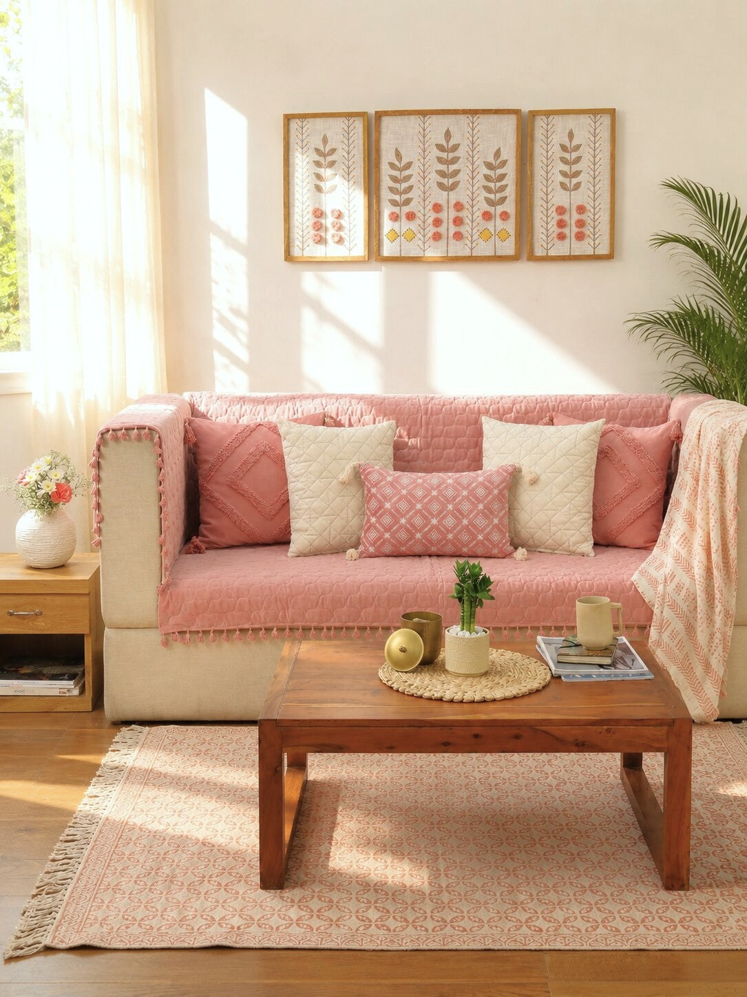 Pink Quilted Velvet Sofa Cover Set | 3 Seater Sofa Cover with 5 Cushion Covers