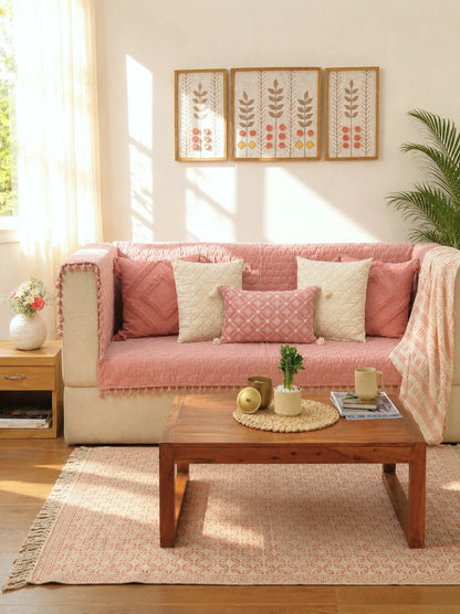 Pink Quilted Velvet Sofa Cover Set | 3 Seater Sofa Cover with 5 Cushion Covers