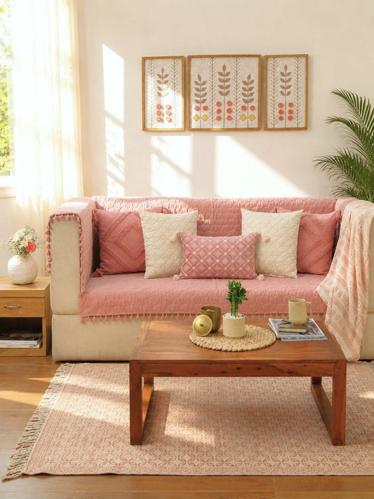 Pink Quilted Velvet Sofa Cover Set | 3 Seater Sofa Cover with 5 Cushion Covers