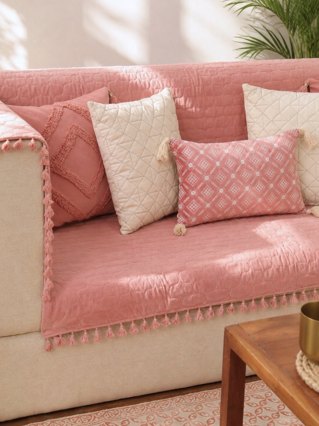 Pink Quilted Velvet Sofa Cover Set | 3 Seater Sofa Cover with 5 Cushion Covers