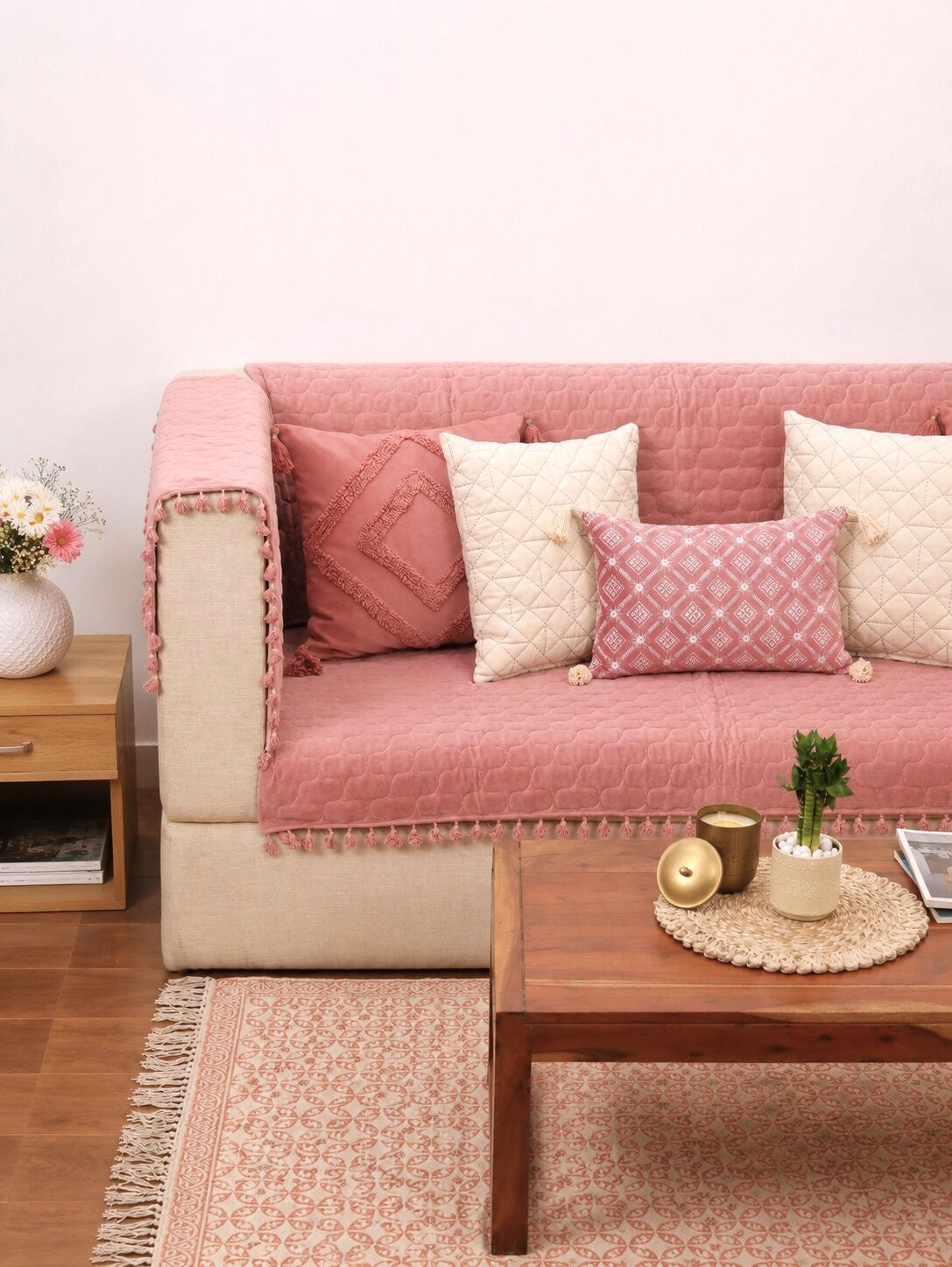 Pink Quilted Velvet Sofa Cover Set | 3 Seater Sofa Cover with 5 Cushion Covers