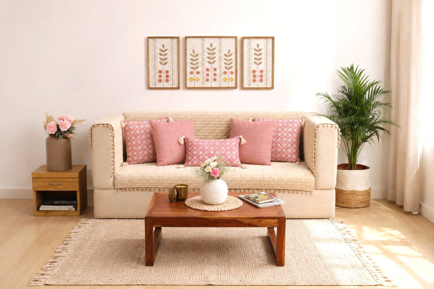 Ivory Sofa Cover Set | Quilted Cover with 5 Cushion Covers