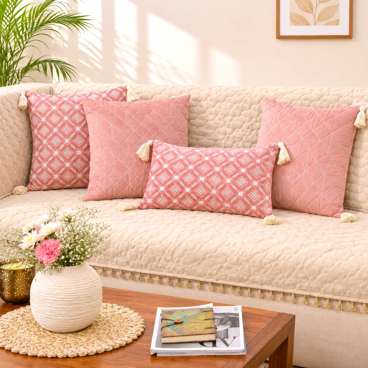 Ivory Sofa Cover Set | Quilted Cover with 5 Cushion Covers