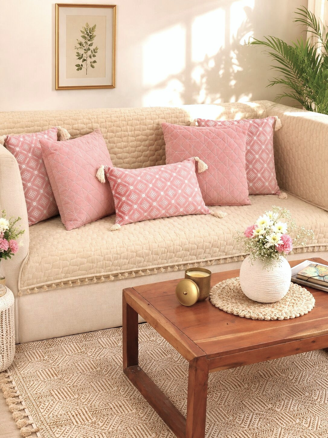 Ivory Sofa Cover Set | Quilted Cover with 5 Cushion Covers
