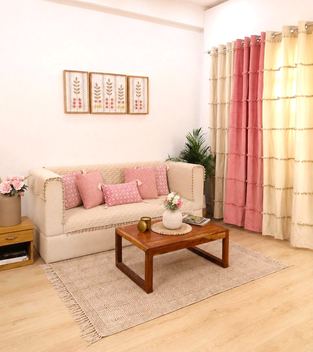 Ivory Sofa Cover Set | Quilted Cover with 5 Cushion Covers