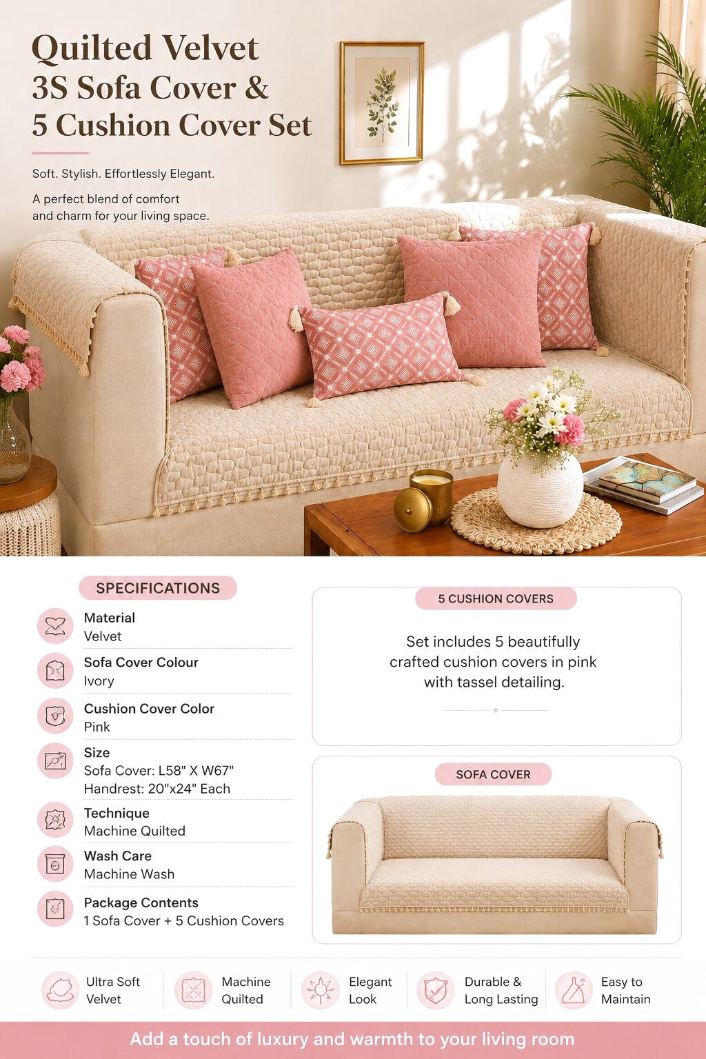 Ivory Sofa Cover Set | Quilted Cover with 5 Cushion Covers