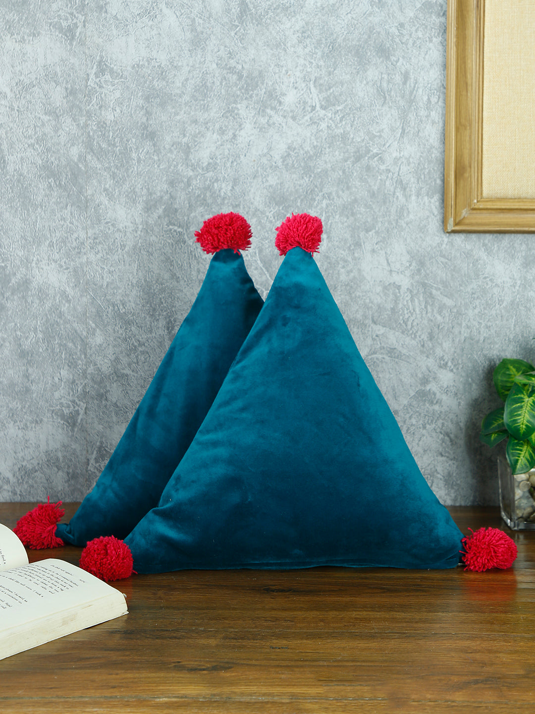 Eyda Super Soft Velvet Blue Color Set of 2 Triangle Filled Cushion-15x15x15 Inch