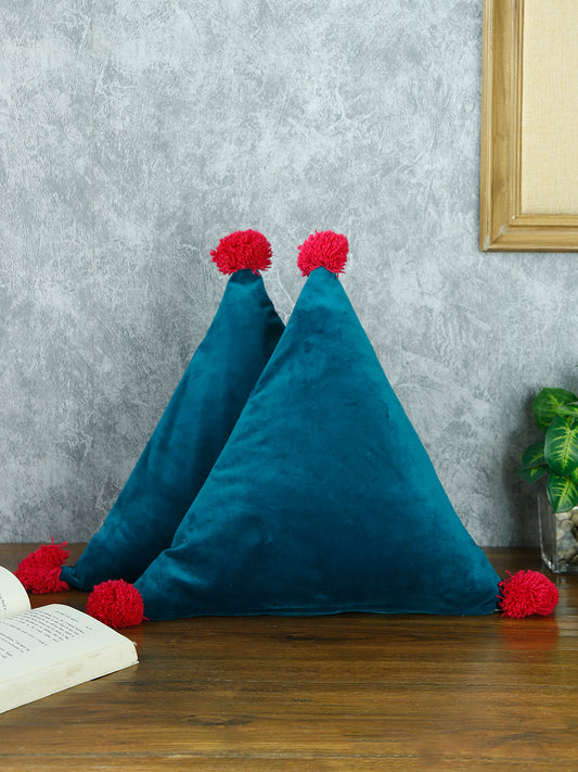 Eyda Super Soft Velvet Blue Color Set of 2 Triangle Filled Cushion-15x15x15 Inch