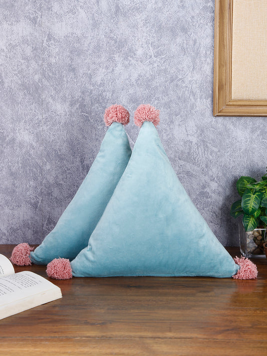 Eyda Super Soft Velvet Aqua Color Set of 2 Triangle Filled Cushion-15x15x15 Inch