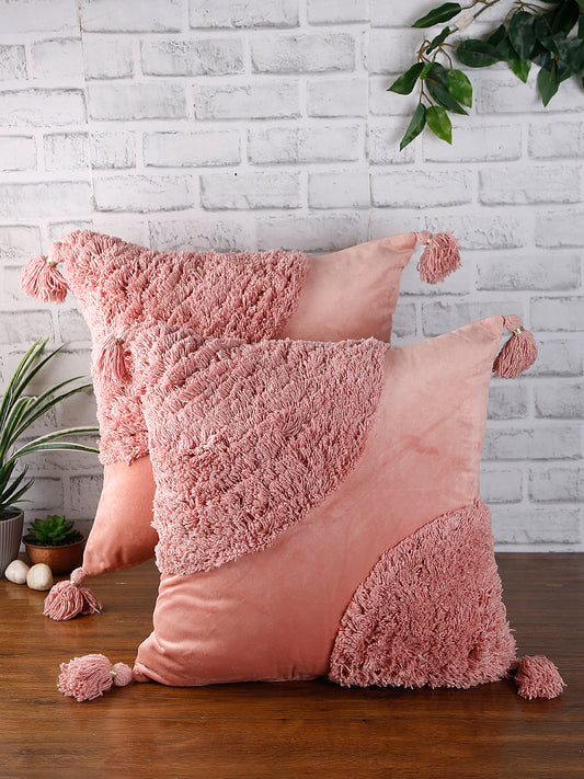 Eyda Super Soft Velvet Peach Color Set of 2 Cushion Cover-18x18 Inch