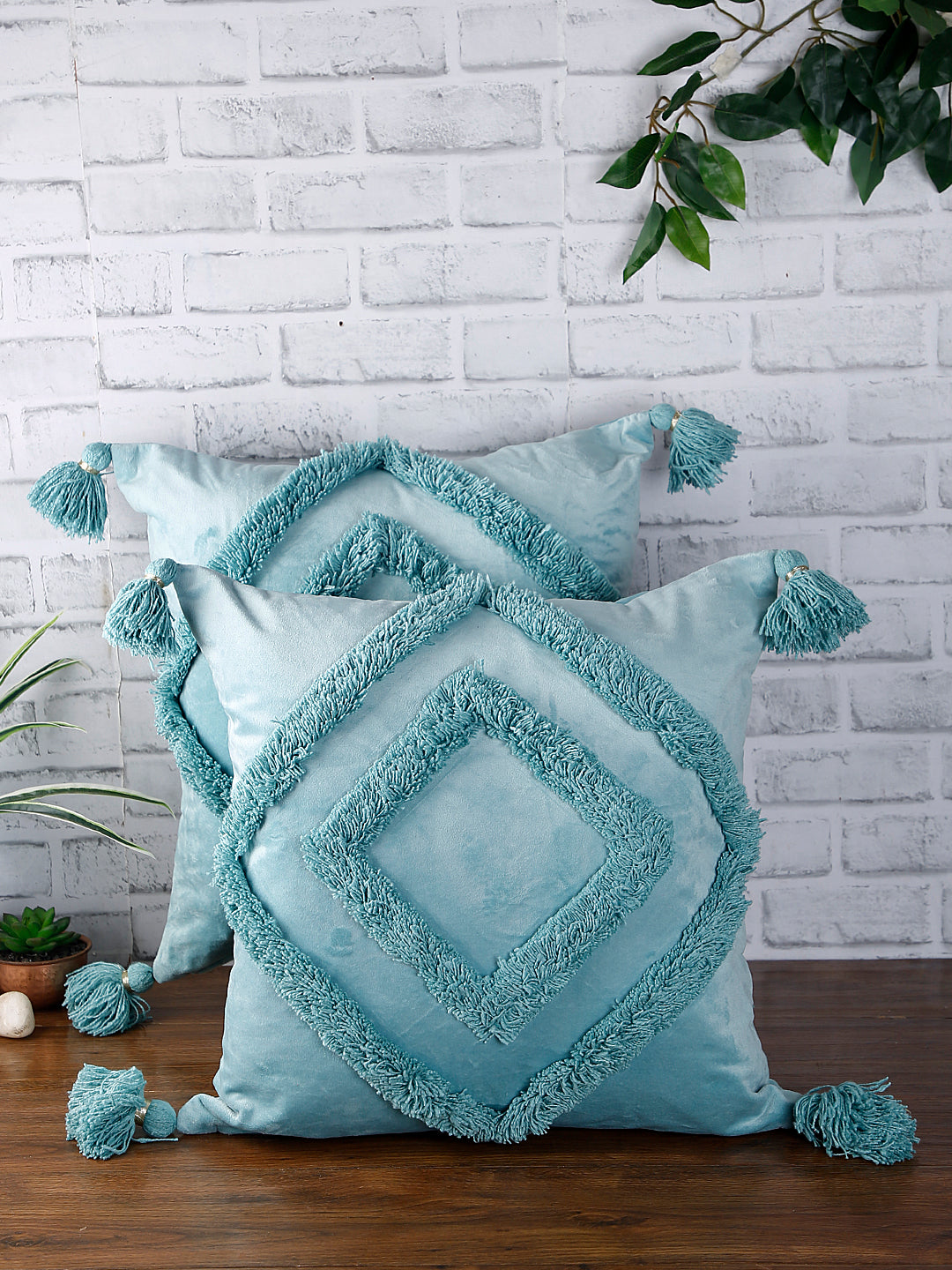 Eyda Super Soft Velvet Aqua Color Set of 2 Cushion Cover-18x18 Inch