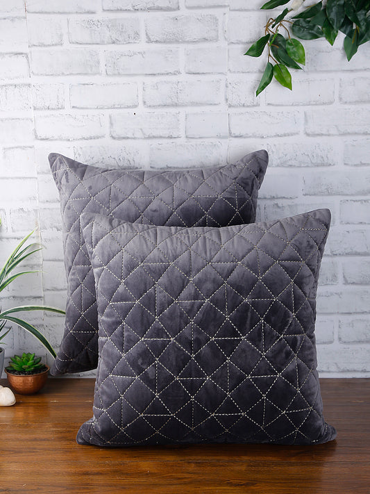 Eyda Super Soft Velvet grey Color Set of 2 Quilted Cushion Cover-18x18 Inch