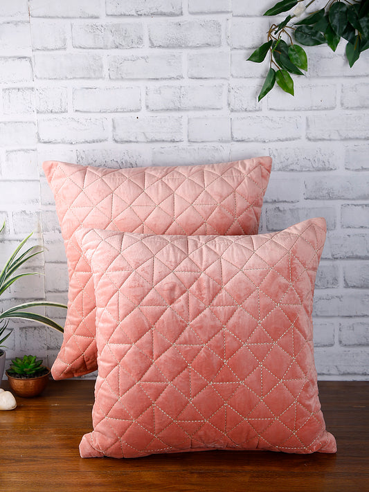 Eyda Super Soft Velvet Peach Color Set of 2 Quilted Cushion Cover-18x18 Inch