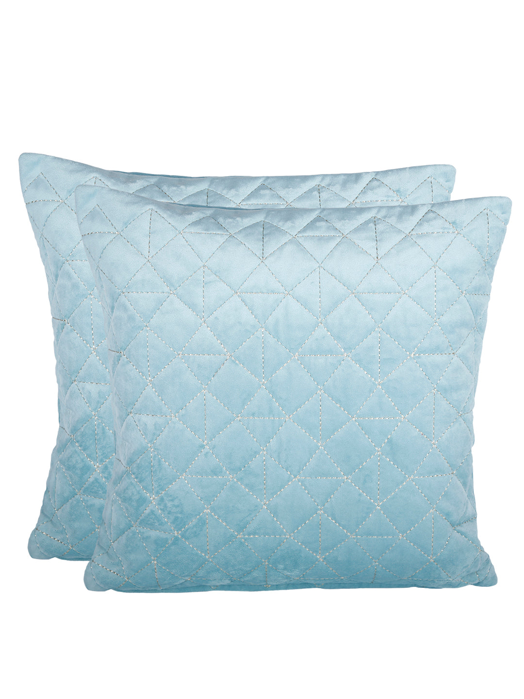 Eyda Super Soft Velvet Aqua Color Set of 2 Quilted Cushion Cover-18x18 Inch