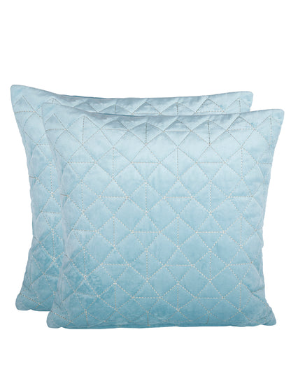 Eyda Super Soft Velvet Aqua Color Set of 2 Quilted Cushion Cover-18x18 Inch
