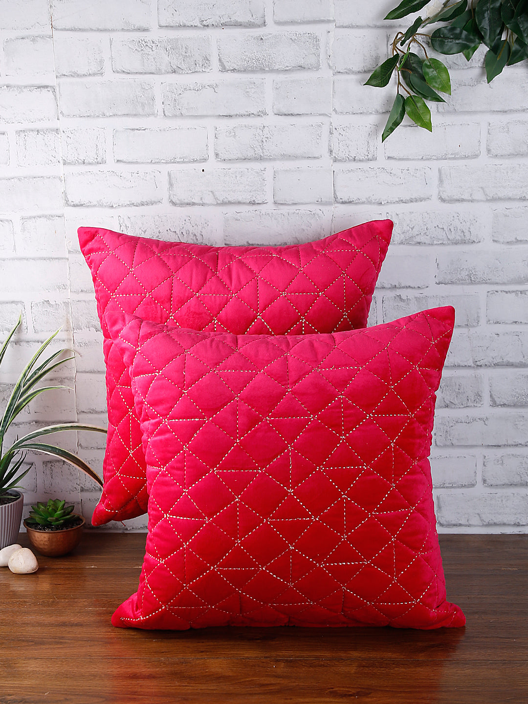 Eyda Super Soft Velvet Fuchsia Color Set of 2 Quilted Cushion Cover-18x18 Inch