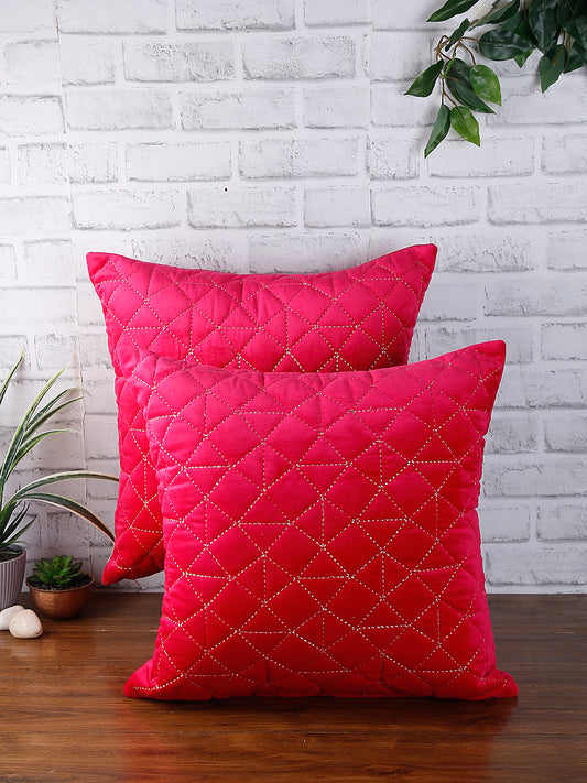 Eyda Super Soft Velvet Fuchsia Color Set of 2 Quilted Cushion Cover-18x18 Inch