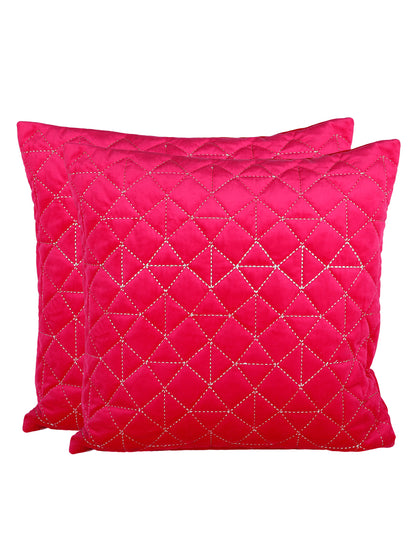 Eyda Super Soft Velvet Fuchsia Color Set of 2 Quilted Cushion Cover-18x18 Inch