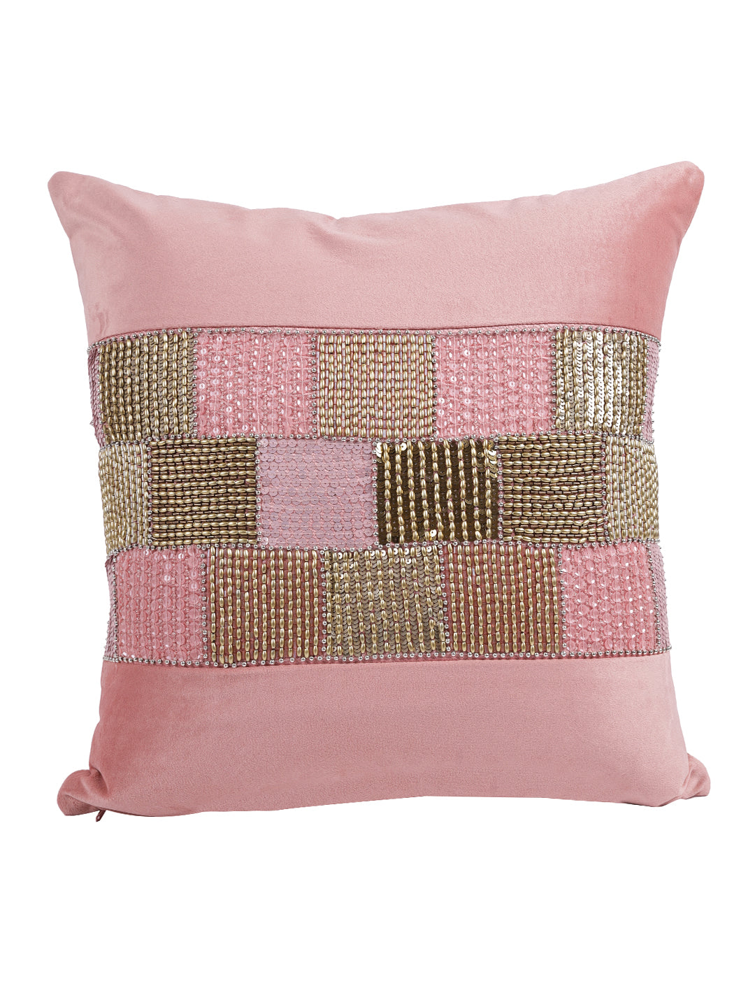 Eyda Velvet Peach Color Beaded Cushion Cover Set of 2-18x18 Inch