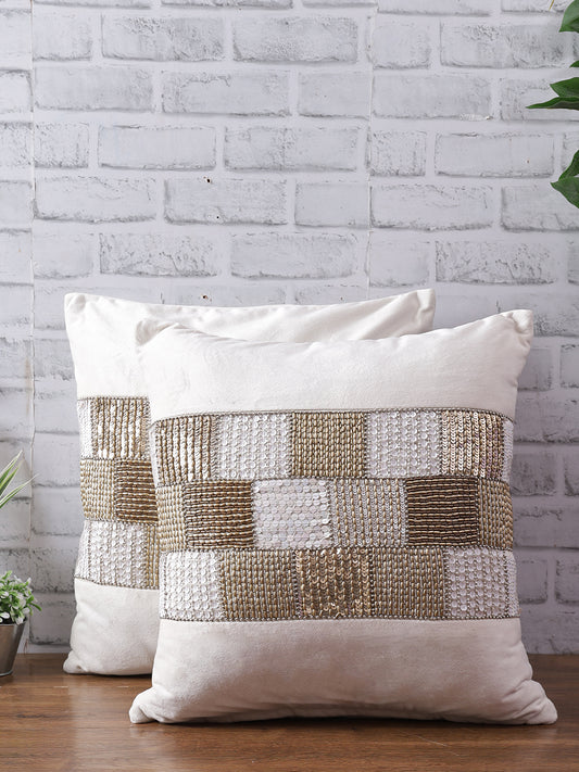 Eyda Velvet Ivory Color Beaded Cushion Cover Set of 2-18x18 Inch