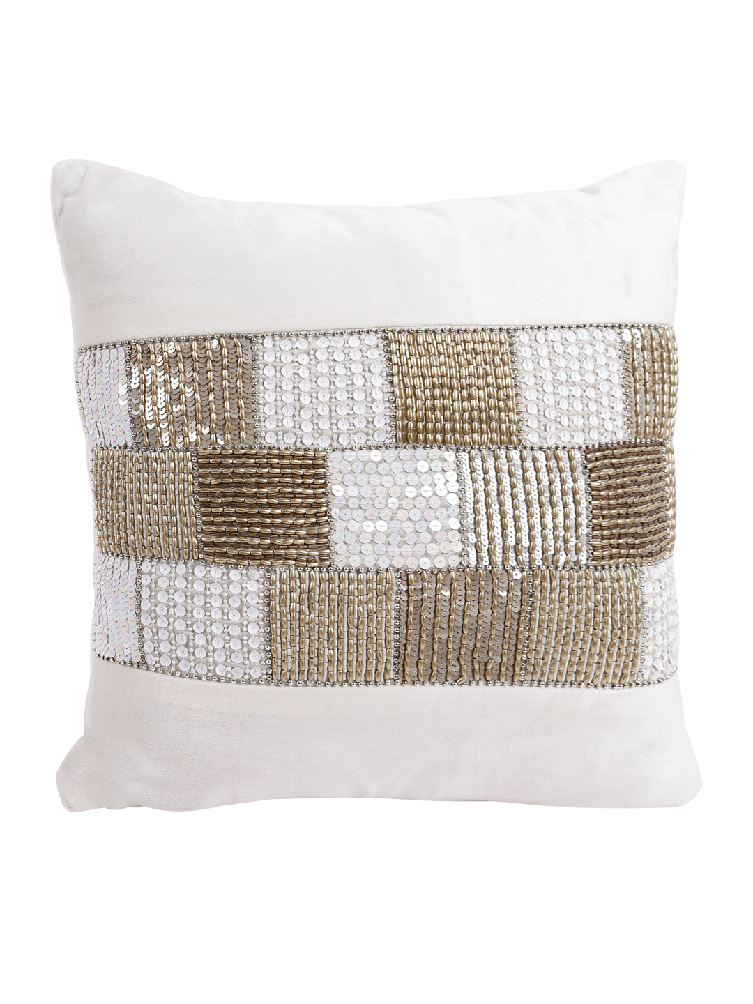 Eyda Velvet Ivory Color Beaded Cushion Cover Set of 2-18x18 Inch