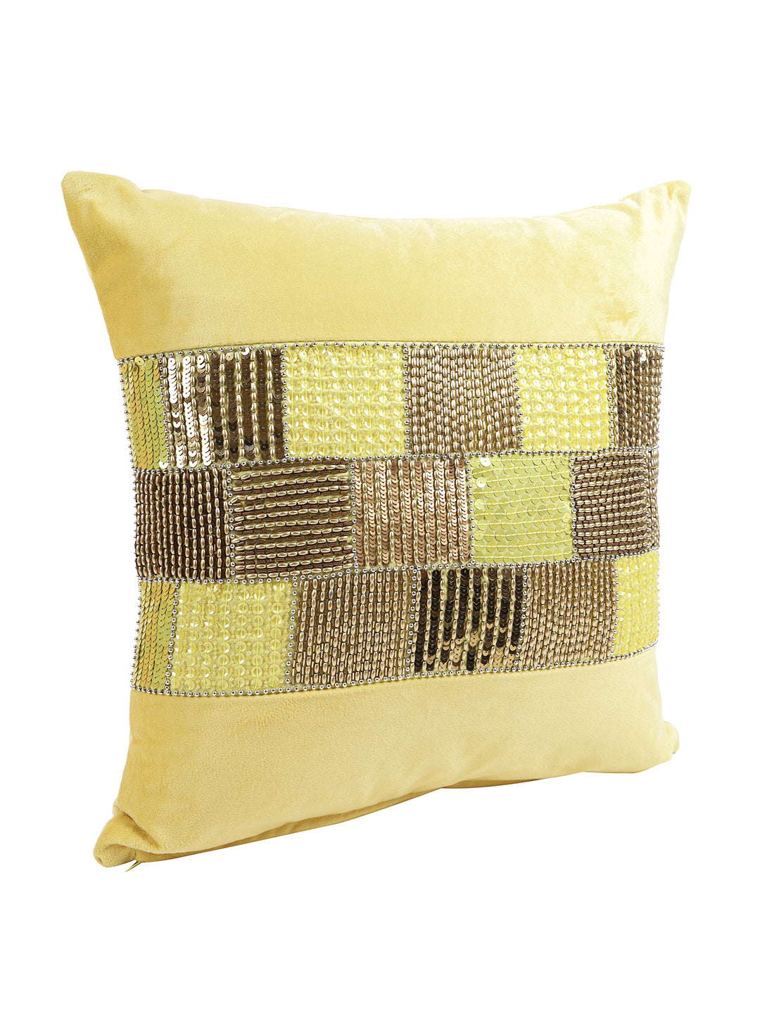 Eyda Velvet Yellow Color Beaded Cushion Cover Set of 2-18x18 Inch