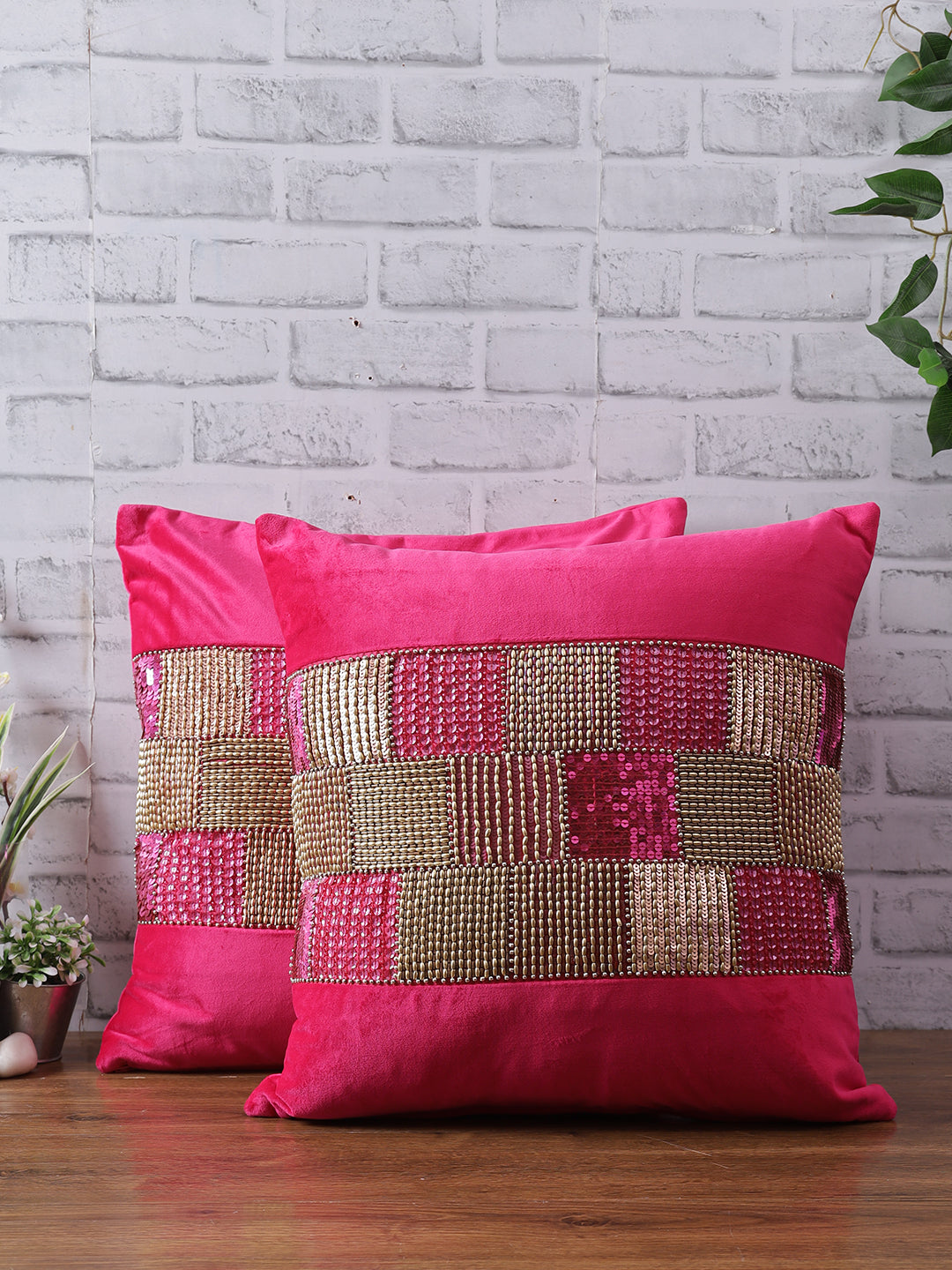 Eyda Velvet Fuchsia Color Beaded Cushion Cover Set of 2-18x18 Inch