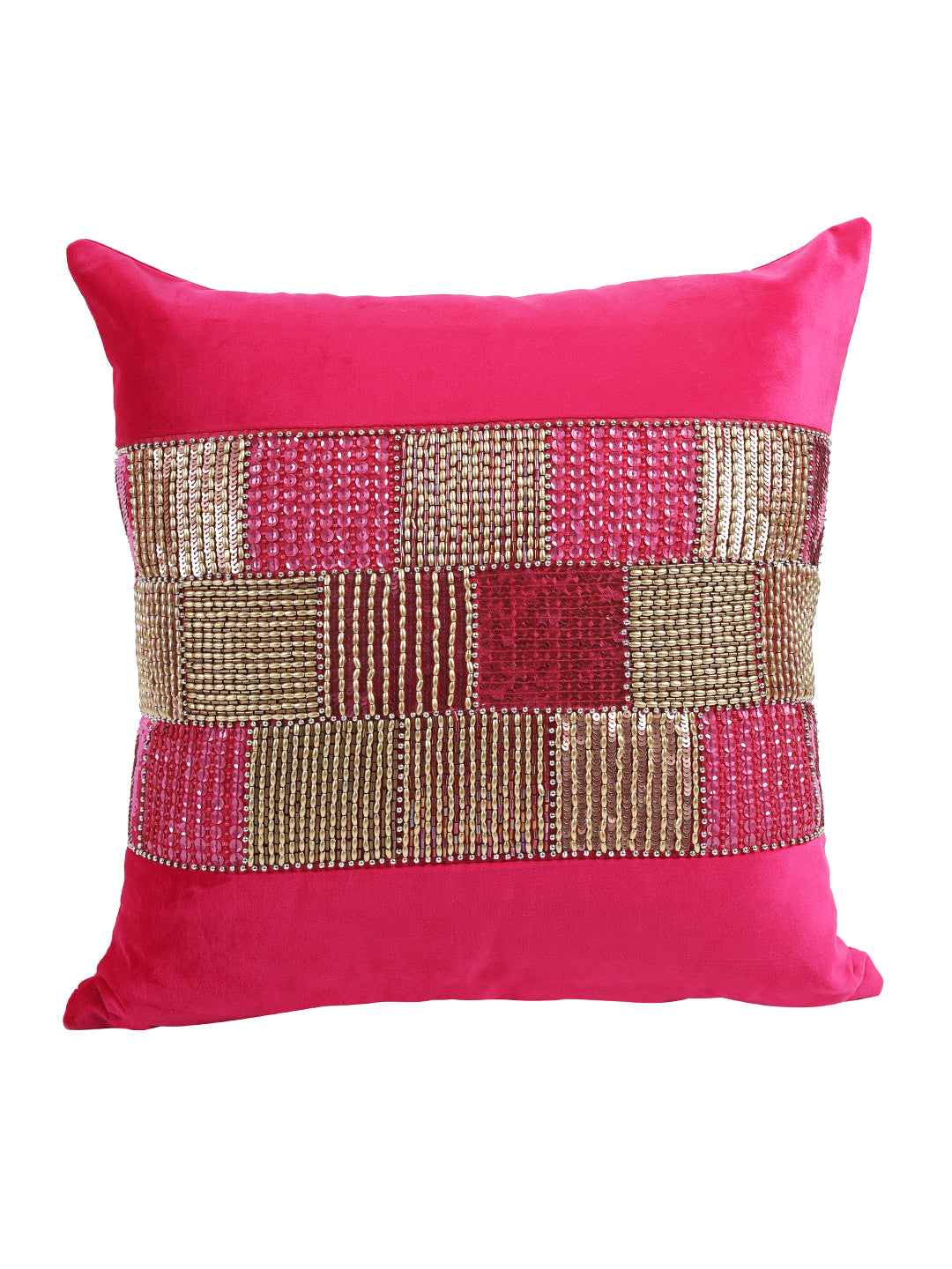 Eyda Velvet Fuchsia Color Beaded Cushion Cover Set of 2-18x18 Inch