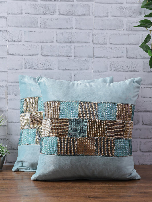 Eyda Velvet Aqua Color Beaded Cushion Cover Set of 2-18x18 Inch