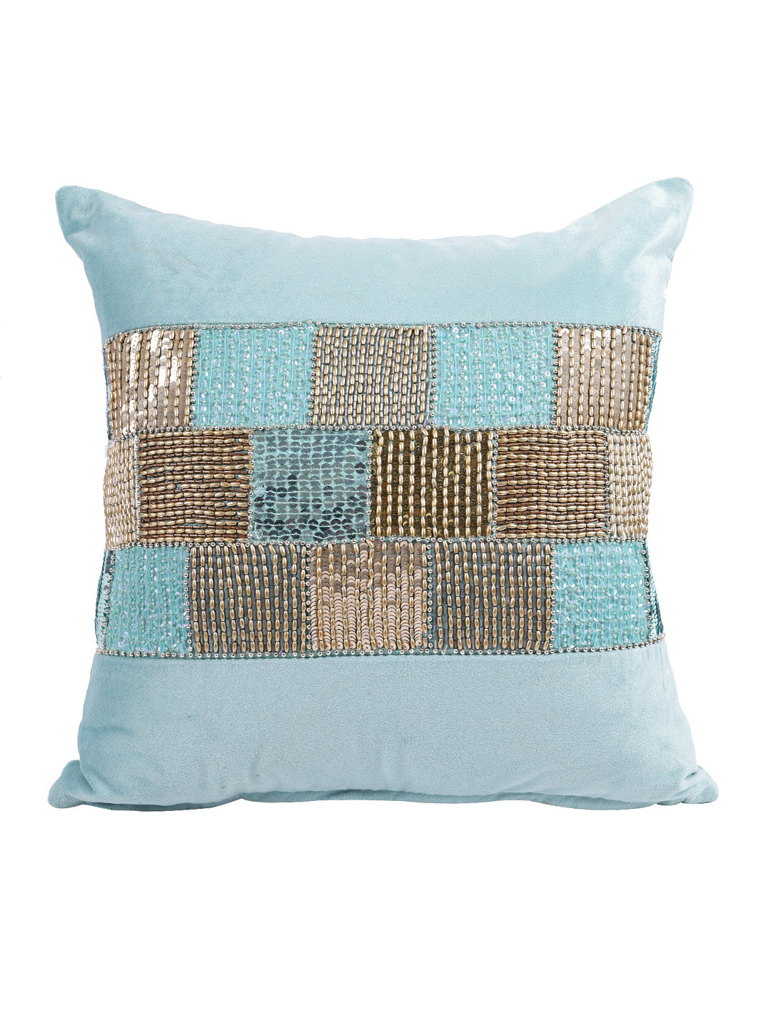 Eyda Velvet Aqua Color Beaded Cushion Cover Set of 2-18x18 Inch