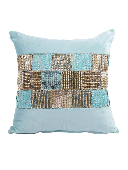 Eyda Velvet Aqua Color Beaded Cushion Cover Set of 2-18x18 Inch
