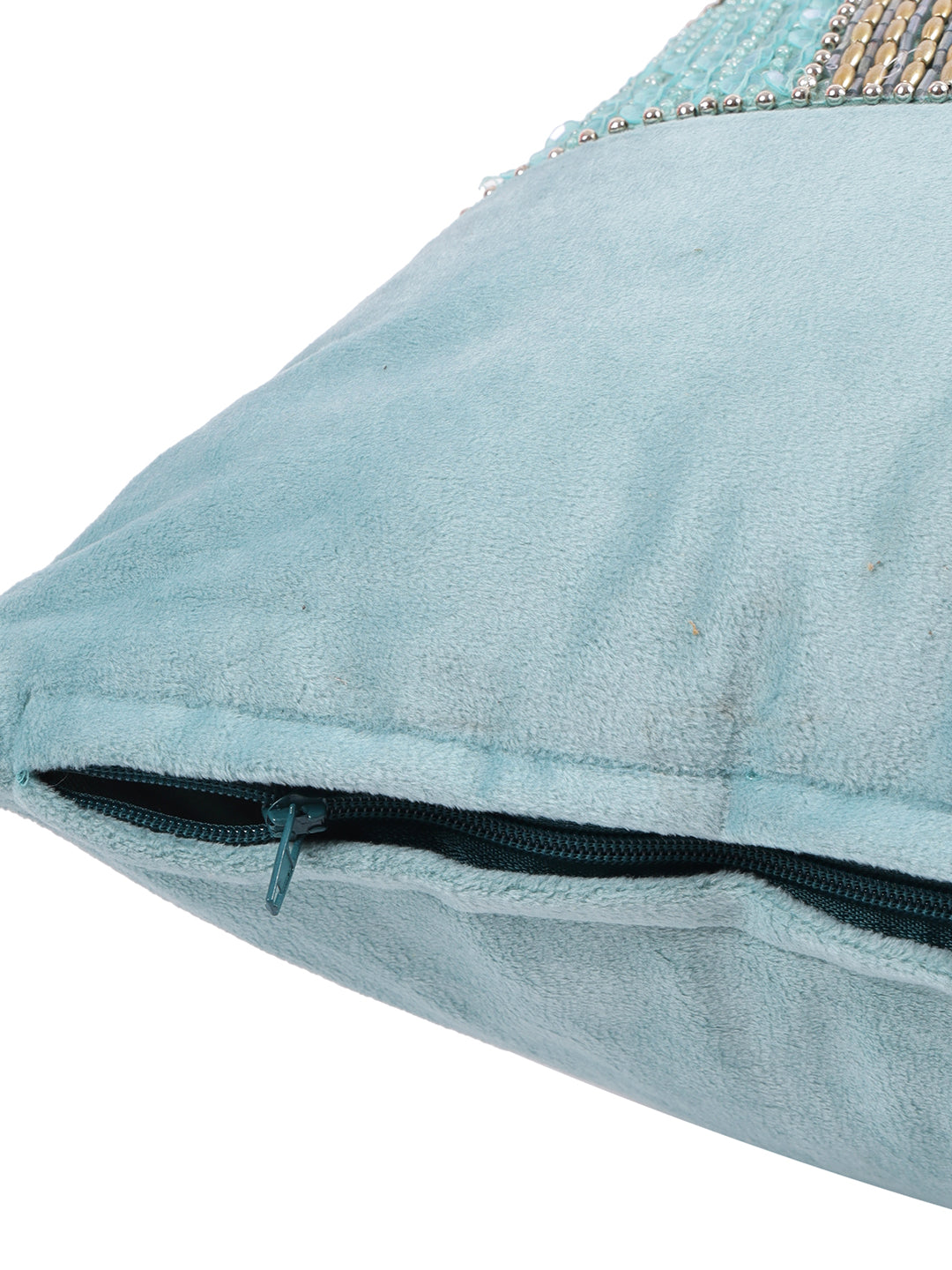 Eyda Velvet Aqua Color Beaded Cushion Cover Set of 2-18x18 Inch