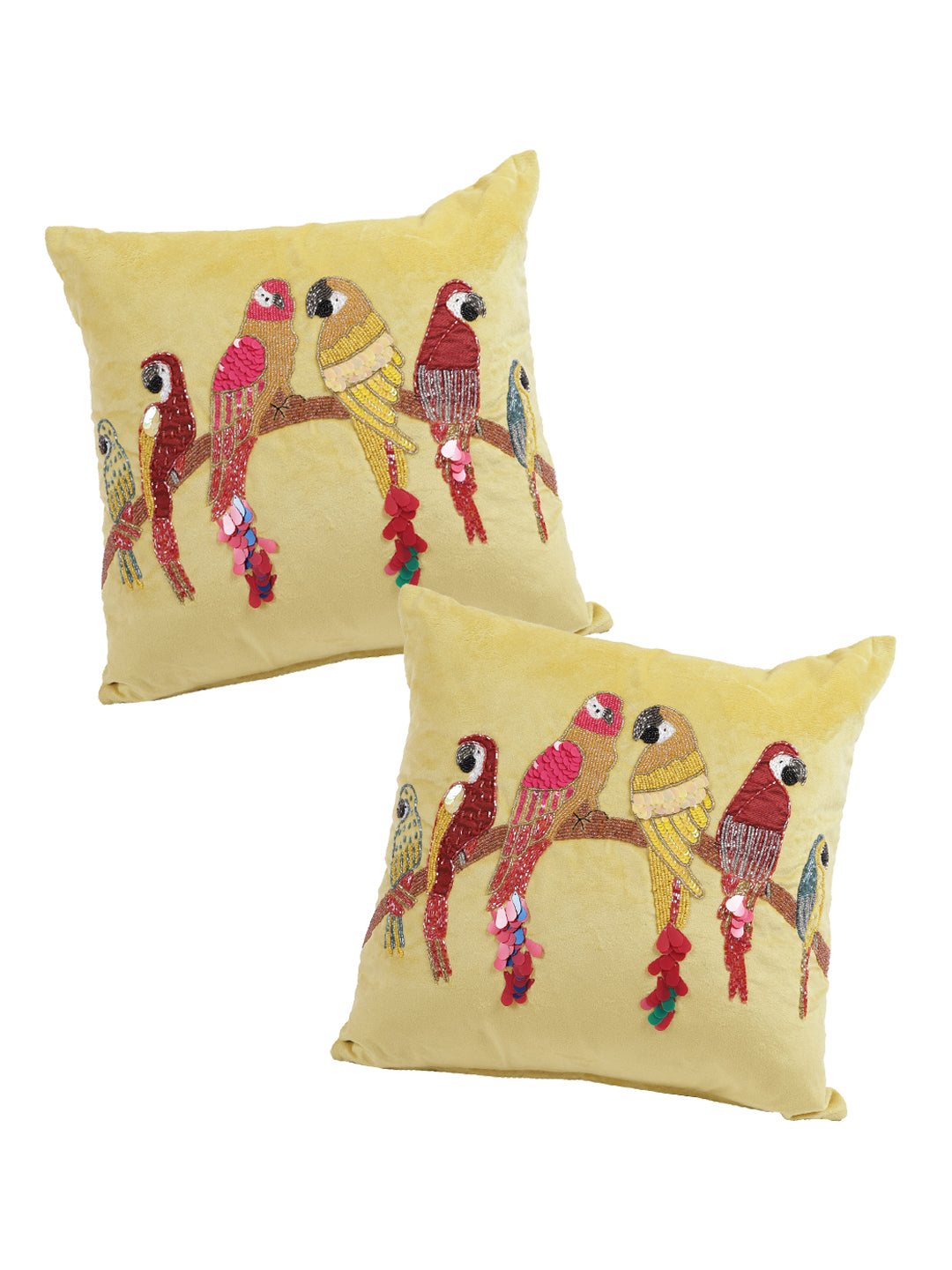 Eyda Velvet Yellow Color Beaded Sequin Cushion Cover Set of 2-18x18 Inch