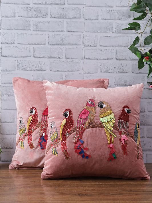 Eyda Velvet Peach Color Beaded Sequin Cushion Cover Set of 2-18x18 Inch