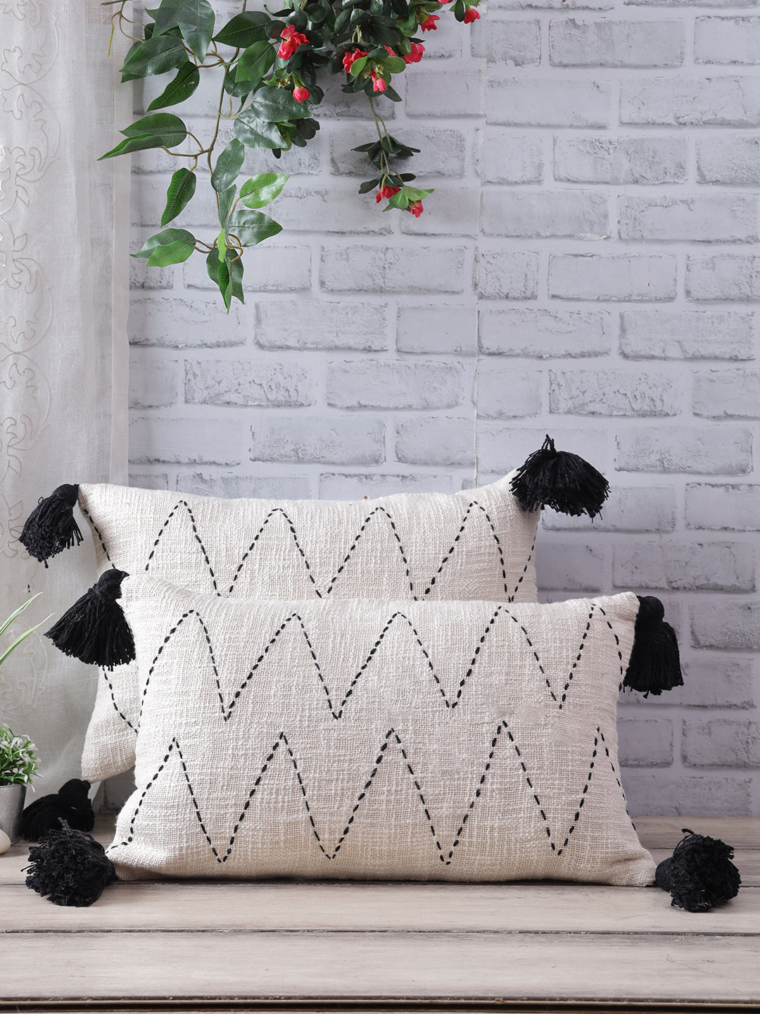 Eyda Jute Cotton Hand Work Cushion Covers Set of 2-12x20 Inch