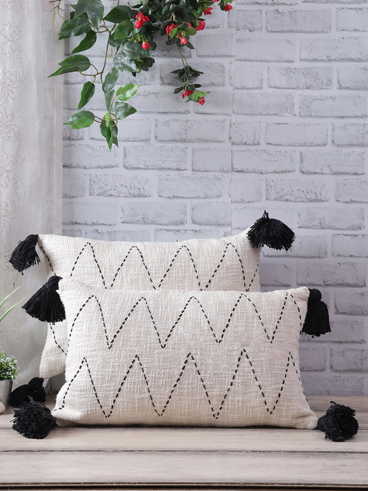 Eyda Jute Cotton Hand Work Cushion Covers Set of 2-12x20 Inch