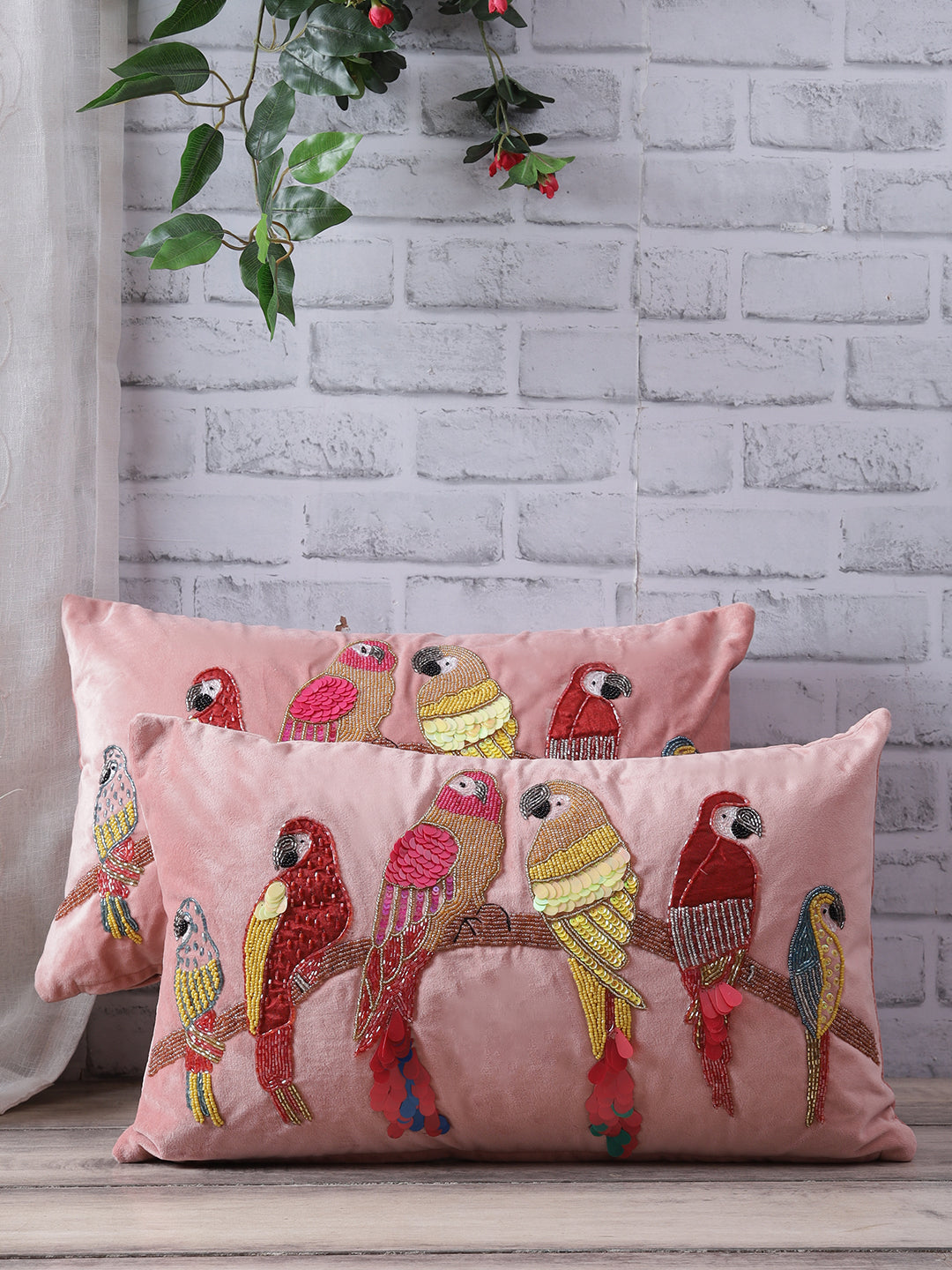 Eyda Velvet Peach Color Beaded Sequin Cushion Cover Set of 2-12x20 Inch