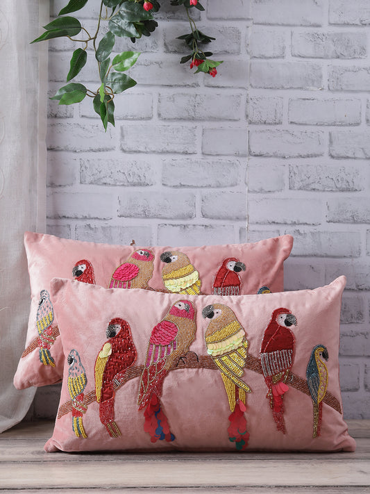Eyda Velvet Peach Color Beaded Sequin Cushion Cover Set of 2-12x20 Inch