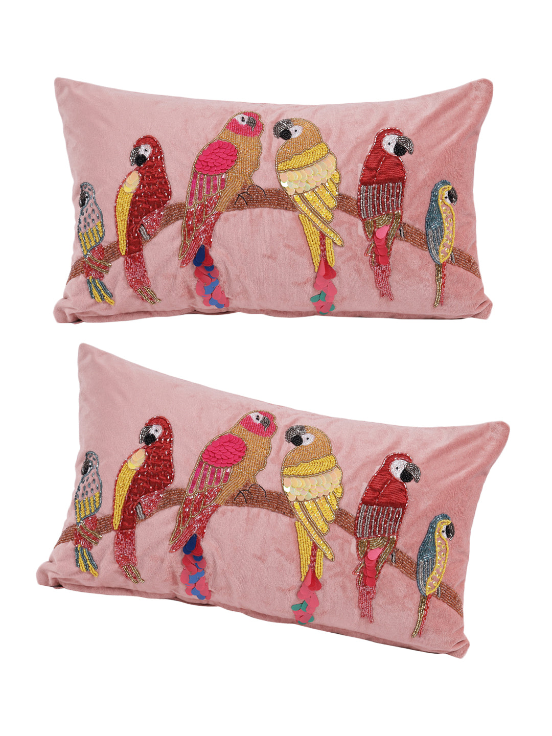 Eyda Velvet Peach Color Beaded Sequin Cushion Cover Set of 2-12x20 Inch
