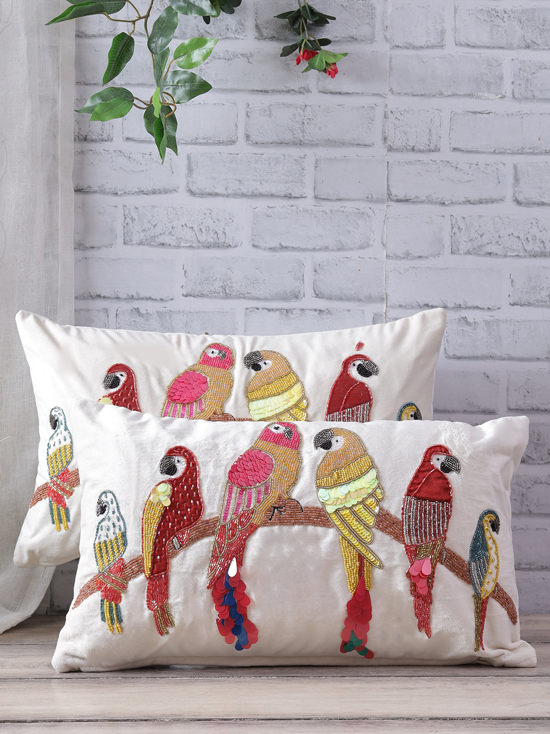 Eyda Velvet Ivory Color Beaded Sequin Cushion Cover Set of 2-12x20 Inch