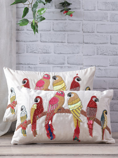 Eyda Velvet Ivory Color Beaded Sequin Cushion Cover Set of 2-12x20 Inch