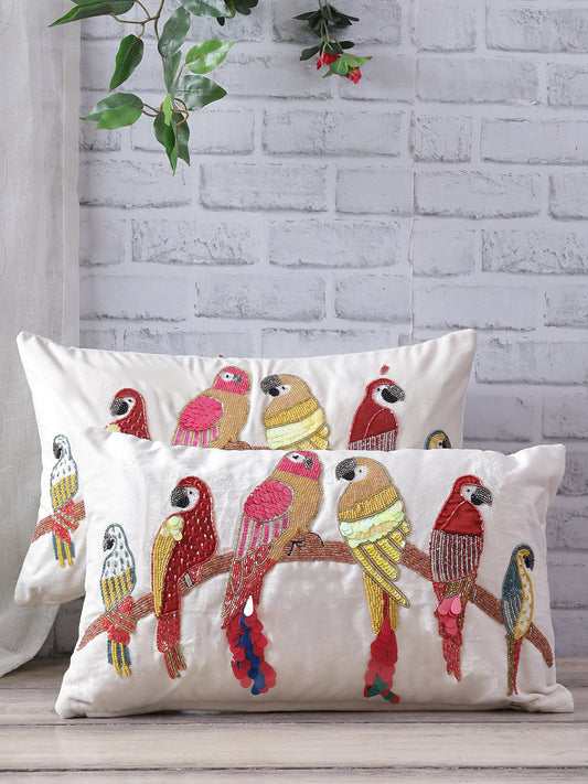 Eyda Velvet Ivory Color Beaded Sequin Cushion Cover Set of 2-12x20 Inch