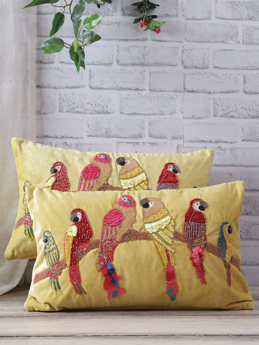Eyda Velvet Yellow Color Beaded Sequin Cushion Cover Set of 2-12x20 Inch