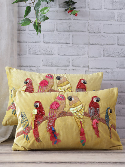 Eyda Velvet Yellow Color Beaded Sequin Cushion Cover Set of 2-12x20 Inch