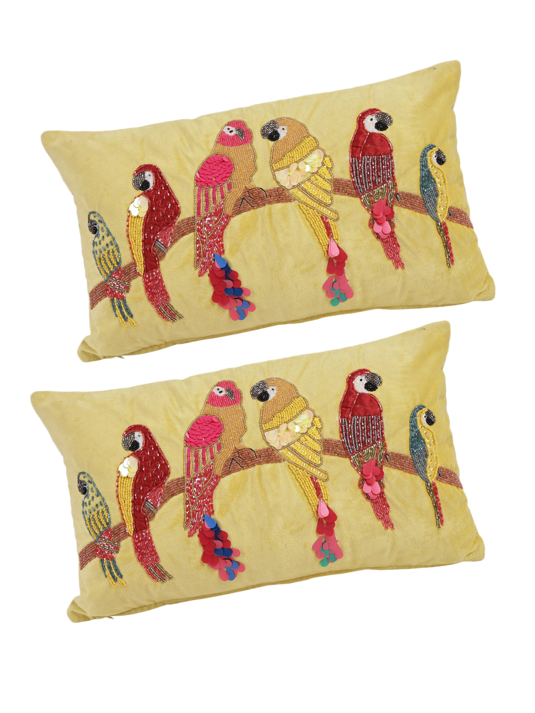 Eyda Velvet Yellow Color Beaded Sequin Cushion Cover Set of 2-12x20 Inch