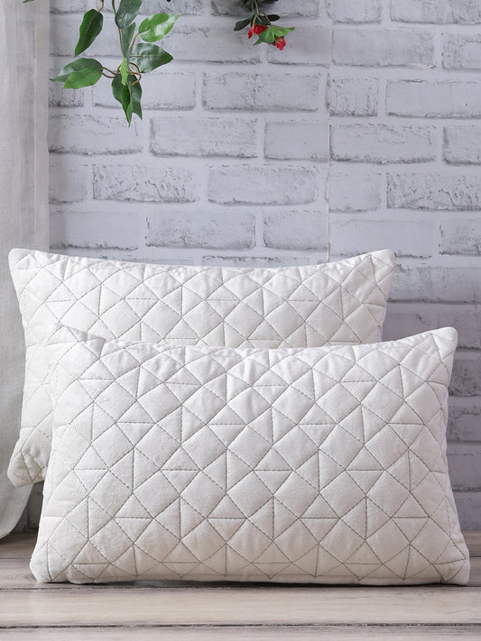 Eyda Super Soft Velvet Ivory Color Set of 2 Quilted Cushion Cover-12x20 Inch
