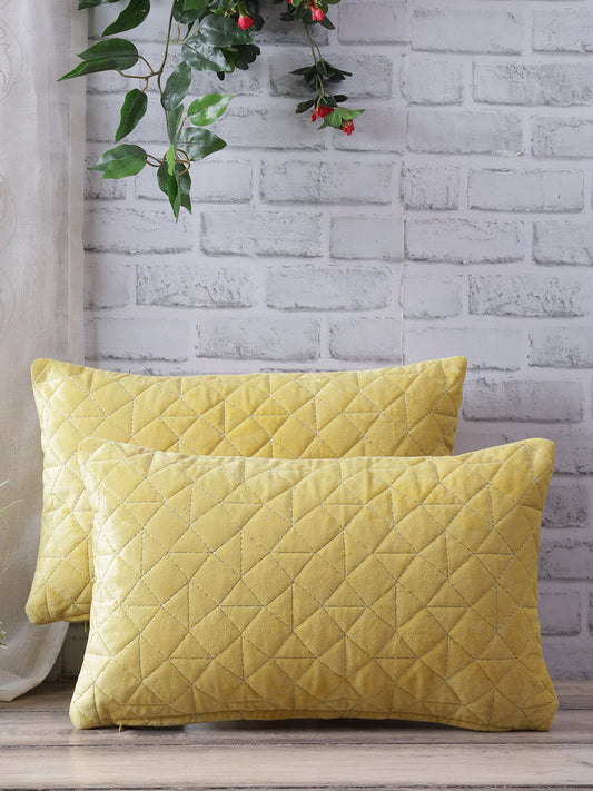 Eyda Super Soft Velvet Yellow Color Set of 2 Quilted Cushion Cover-12x20 Inch